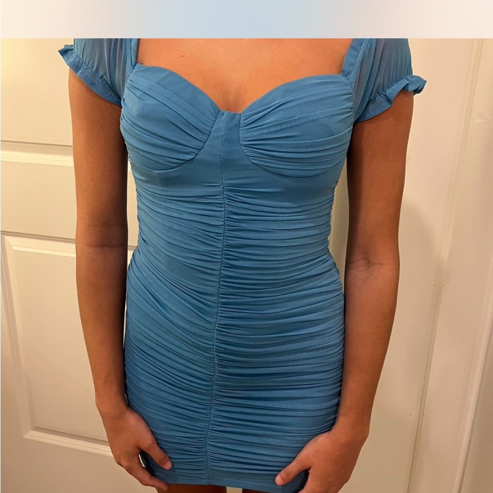 Chic Blue Ruched Mini Dress